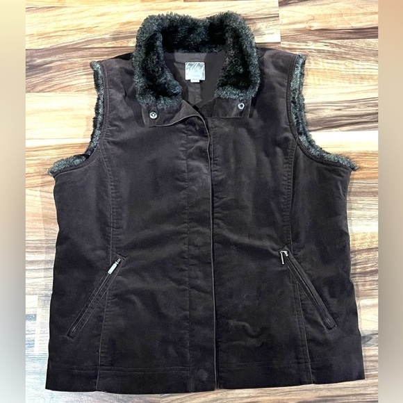 Velvet/Velour Faux Fur Lined Vest Snap Button Dark Brown - Picture 1 of 8